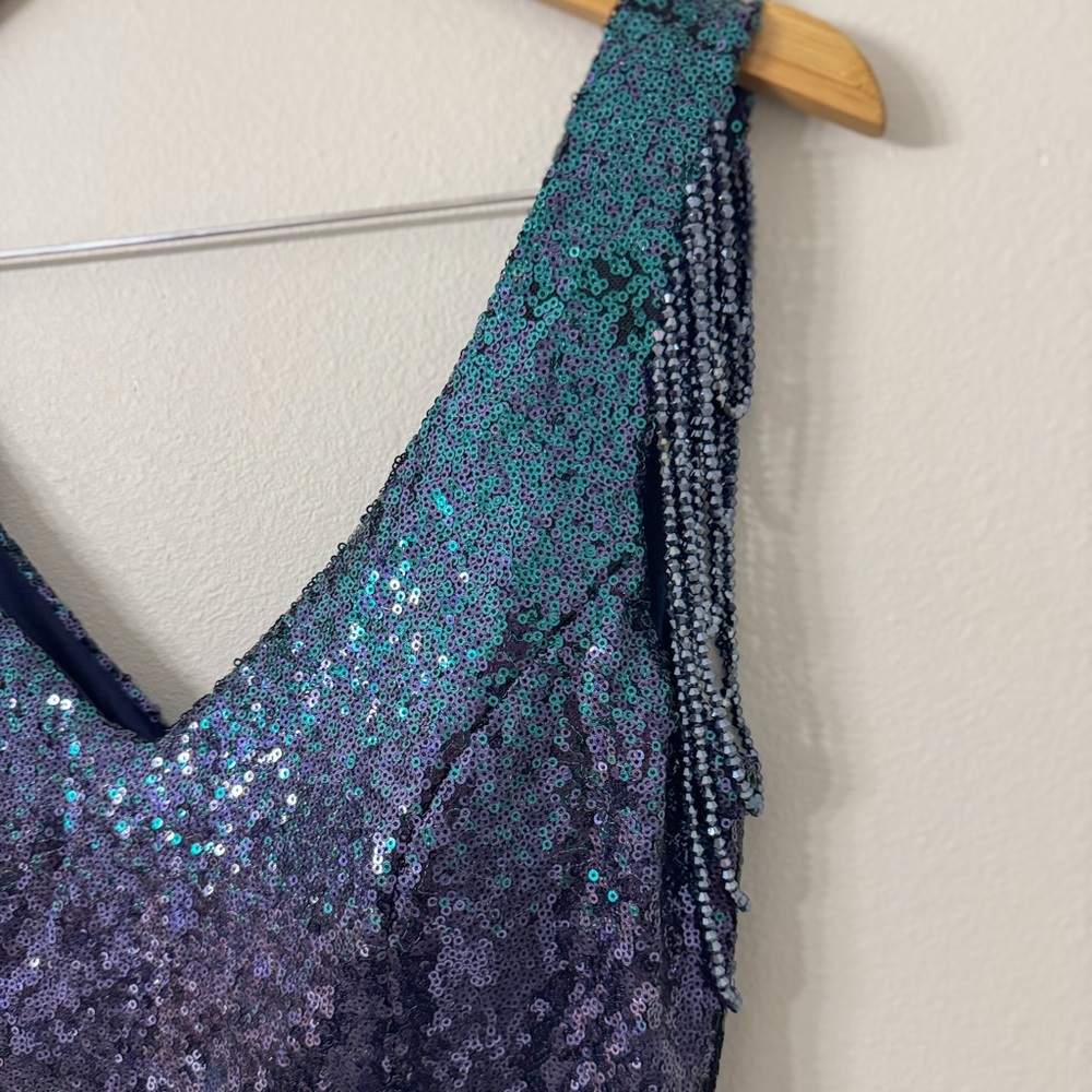 Emerald Navy Ombre Sequin Mermaid Gown w/ Beaded Shoulder Fringe – Formal Dress - Picture 4 of 9